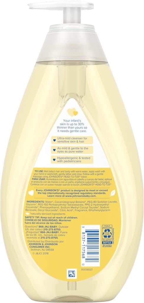 Johnsons Head-To-Toe Gentle Baby Body Wash  Shampoo, Tear-Free, Sulfate-Free  Hypoallergenic Bath Wash  Shampoo for Babys Sensitive Skin  Hair, Washes Away 99.9% Of Germs 27.1 fl. oz