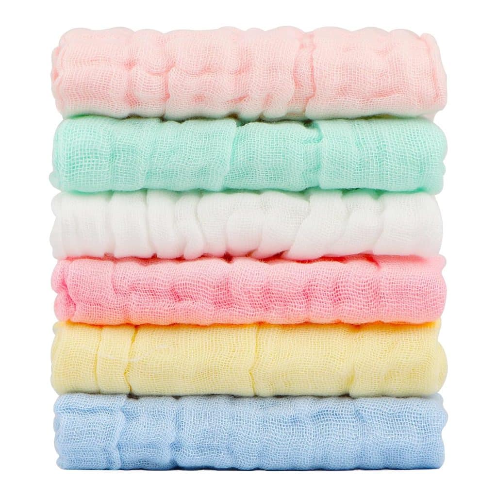 Orighty Muslin Baby Washcloths Pack of 6 - Soft Face Cloths for Newborn, Absorbent Baby Bath and Face Towels, 100% Cotton Baby Wipes, Burp Cloths, Feeding Towels for Babies and Infants - 10 x 10’’