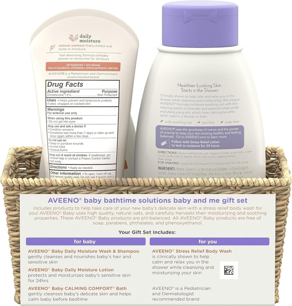 Aveeno Baby Bathtime Solutions Baby  Me Gift Set with Baby Wash  Shampoo, Calming Baby Bath  Wash, Baby Daily Moisturizing Lotion  Stress Relief Body Wash for Mom, Soap-Free, 4 items