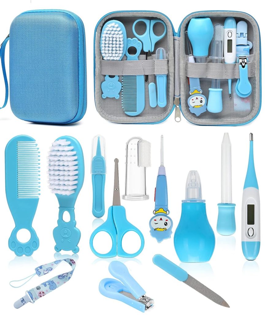 Baby Healthcare and Grooming Kit, Safety Newborn Nursery Care Set, with Hair Brush Comb, Nail Clipper, Thermometer, Pacifier Clip, Nasal Aspirator for Newborn Infant Baby Girls Boys (Pink)