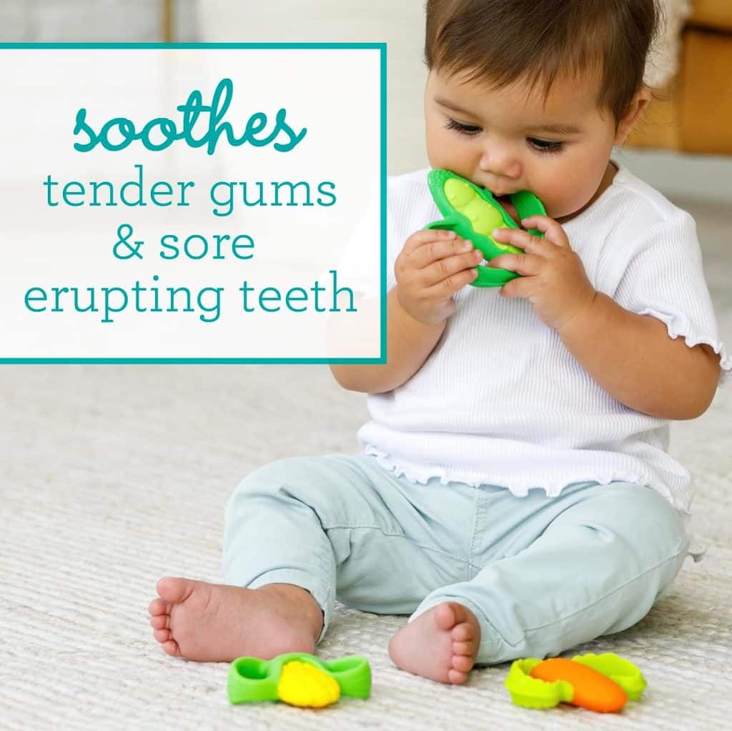 Infantino Lil Nibbles Textured Silicone Teether -Sensory Exploration and Teething Relief with Easy to Hold Handles, Multicolor Fruit Kabob