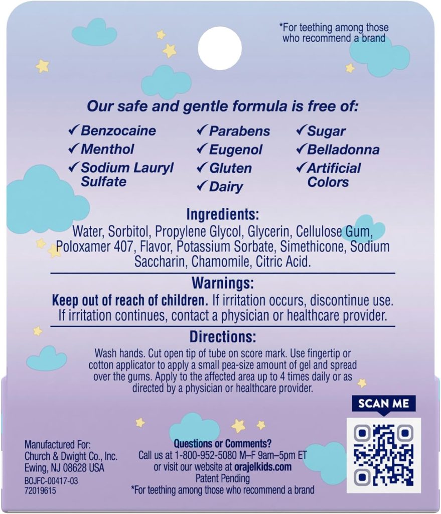 Orajel Baby Nighttime Cooling Gel for Teething, Drug-Free, 1 Pediatrician Recommended Brand for Teething, One .18oz Tube