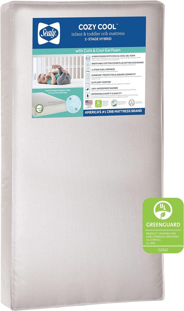 Sealy Flex Cool Breathable Hypoallergenic 2-Stage Dual Firm Waterproof Baby Crib Mattress  Toddler Bed Mattress, Cotton Cover, 204 Premium Coils, Air Quality Certified, Made in USA, 52x28