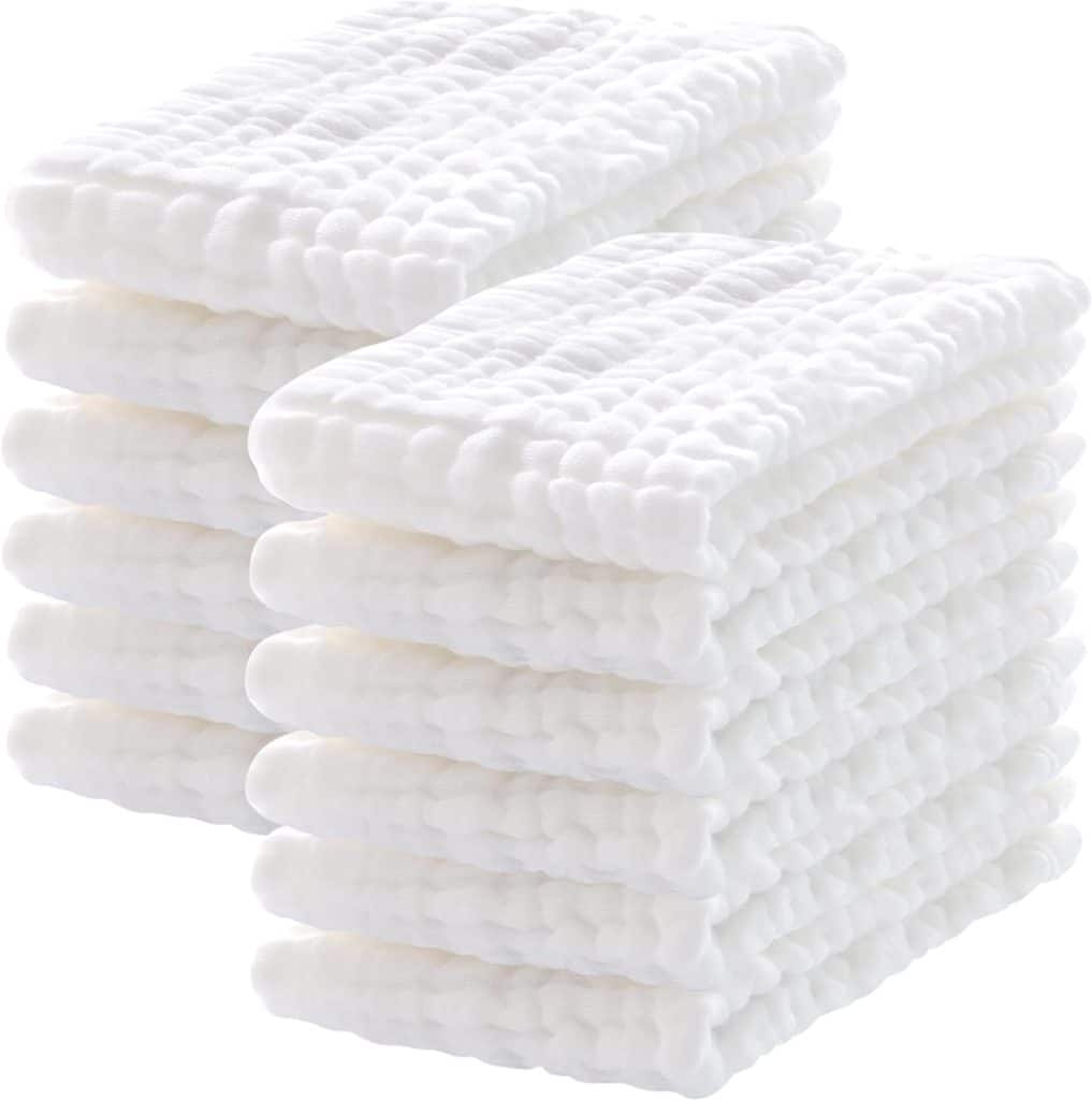 12 Pack Muslin Burp Cloths 100% Cotton Muslin Cloths Large 20x10 Extra Soft and Absorbent Baby Burping Cloth - White