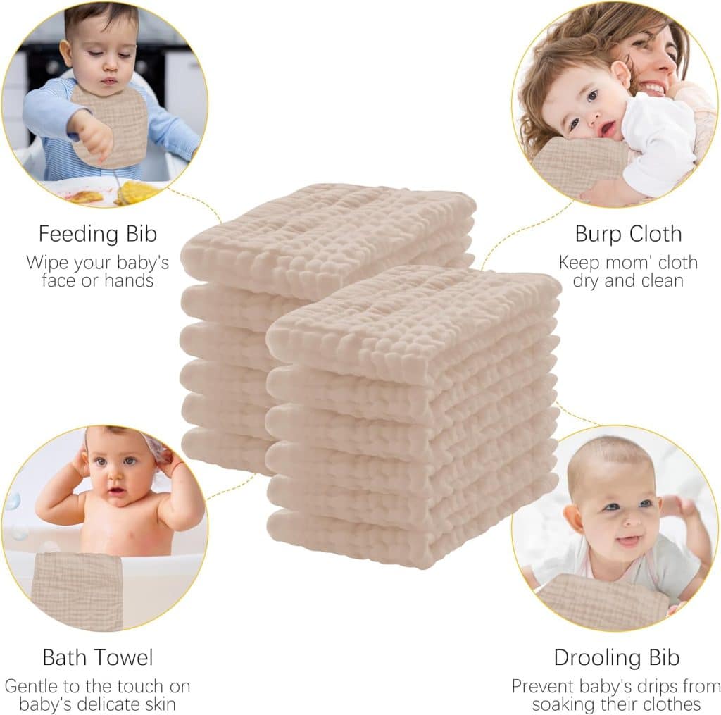 12 Pack Muslin Burp Cloths 100% Cotton Muslin Cloths Large 20x10 Extra Soft and Absorbent Baby Burping Cloth - White