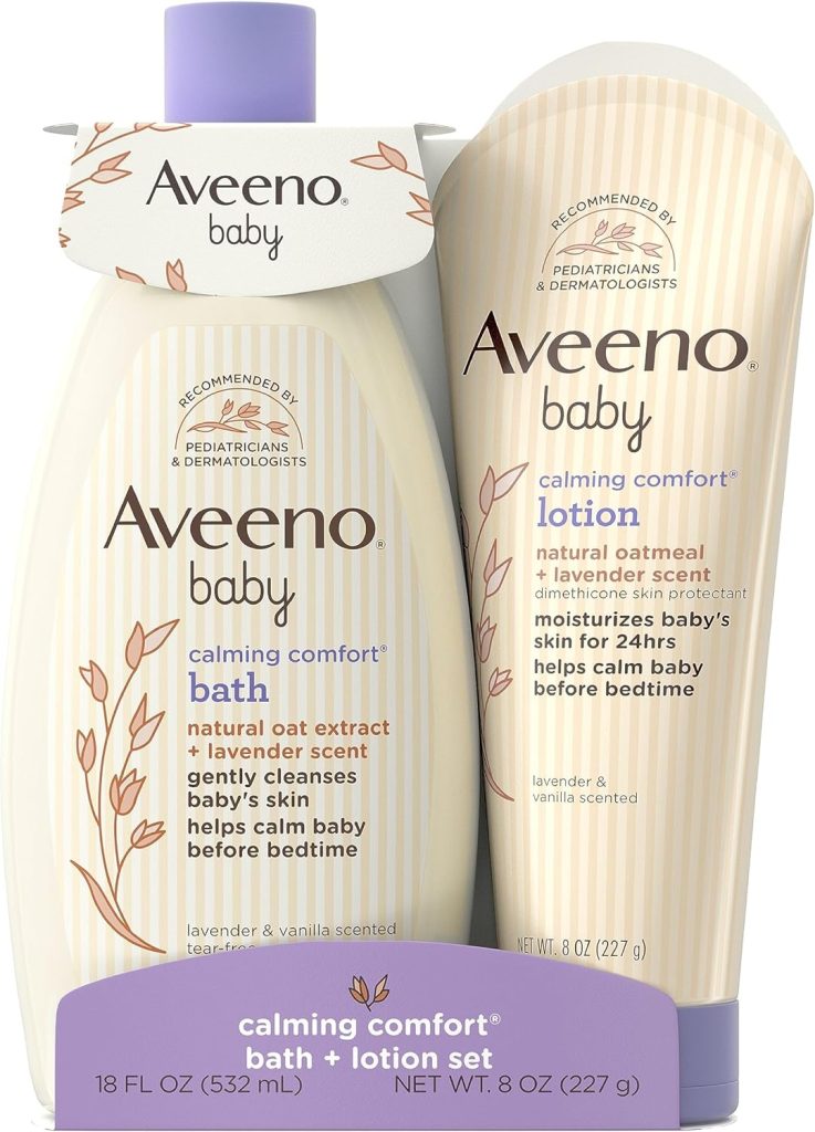 Aveeno Baby Calming Comfort Bath  Lotion Set, Nighttime Baby Skin Care Products with Natural Oat, Lavender  Vanilla Scents, Paraben-, Phthalate-  Phenoxyethanol-Free, 2 Items