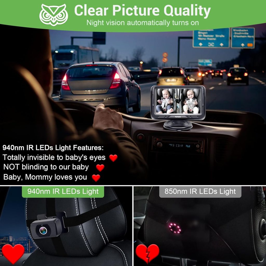 Baby Car Camera Ease Installation: Eye Protection Clear Night Vision 360° Rotation Stability Backseat Camera for 2 Kids HD 1080P Car Baby Monitor with Infant Carseat Camera Rear Facing -Rohent N06