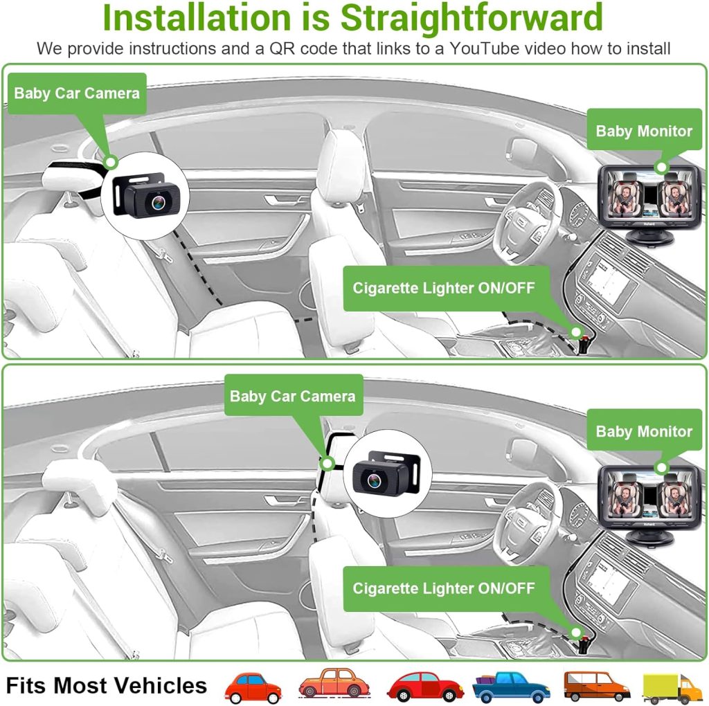 Baby Car Camera Ease Installation: Eye Protection Clear Night Vision 360° Rotation Stability Backseat Camera for 2 Kids HD 1080P Car Baby Monitor with Infant Carseat Camera Rear Facing -Rohent N06
